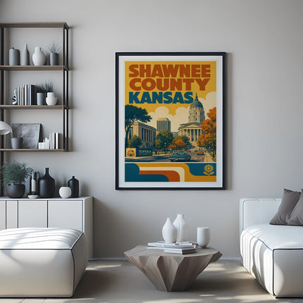 Poster of Shawnee County, Kansas with buildings, trees, and cars.