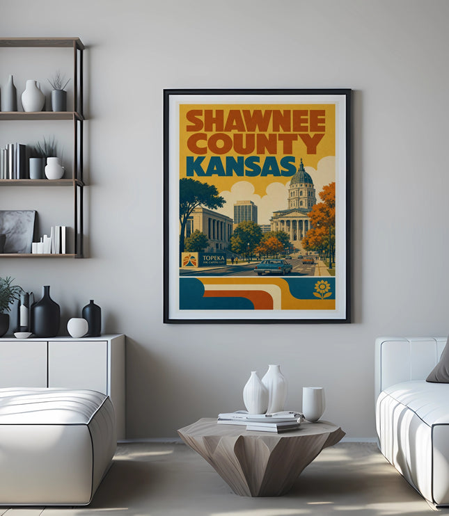 Poster of Shawnee County, Kansas with buildings, trees, and cars.