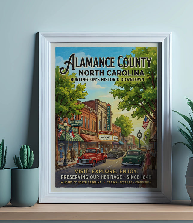 Alamance County, North Carolina poster showing Burlington's historic downtown with vintage cars.