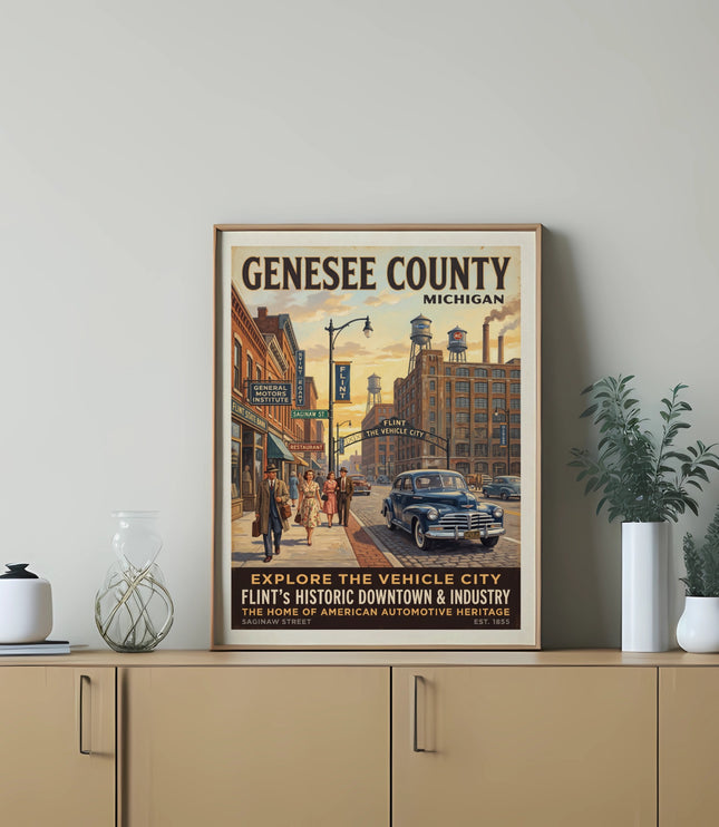 Genesee County Michigan travel poster with vintage cars and buildings.