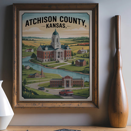 Atchison County, Kansas illustration with a large building, river, and fields.