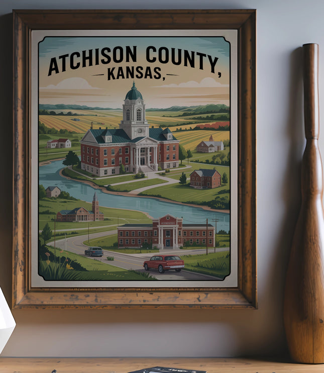 Atchison County, Kansas illustration with a large building, river, and fields.