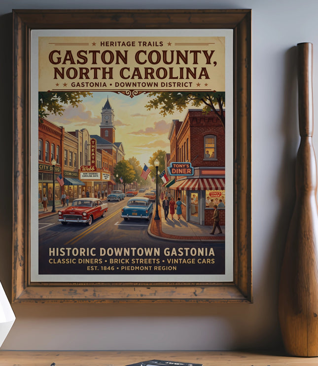 Poster of Historic Downtown Gastonia, North Carolina with vintage cars.