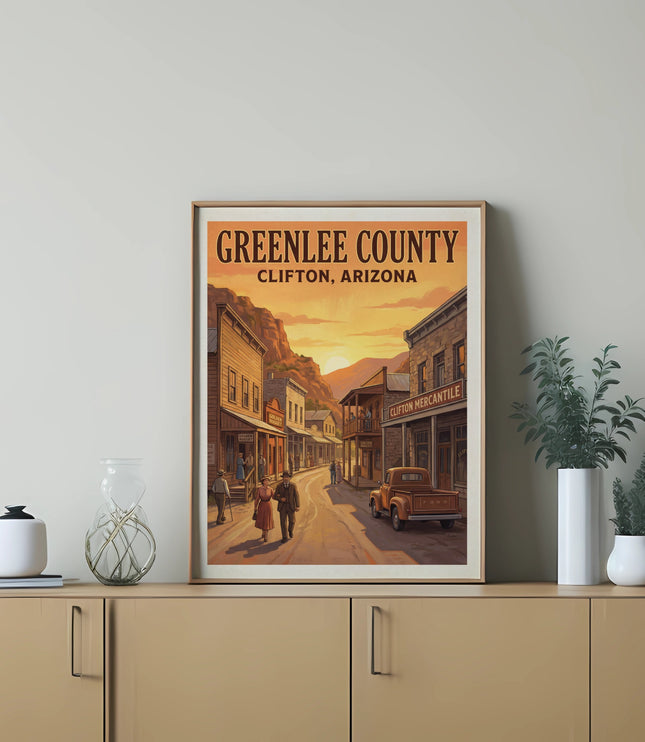 Greenlee County Clifton Arizona vintage travel poster with sunset and historic buildings.