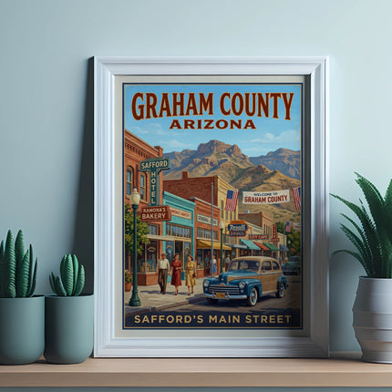 Graham County Arizona poster showing a vintage street scene with shops and mountains.