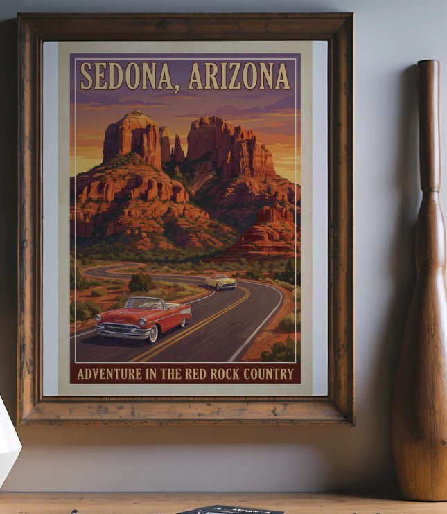 Vintage poster of Sedona, Arizona with red rock formations, winding road and classic cars.