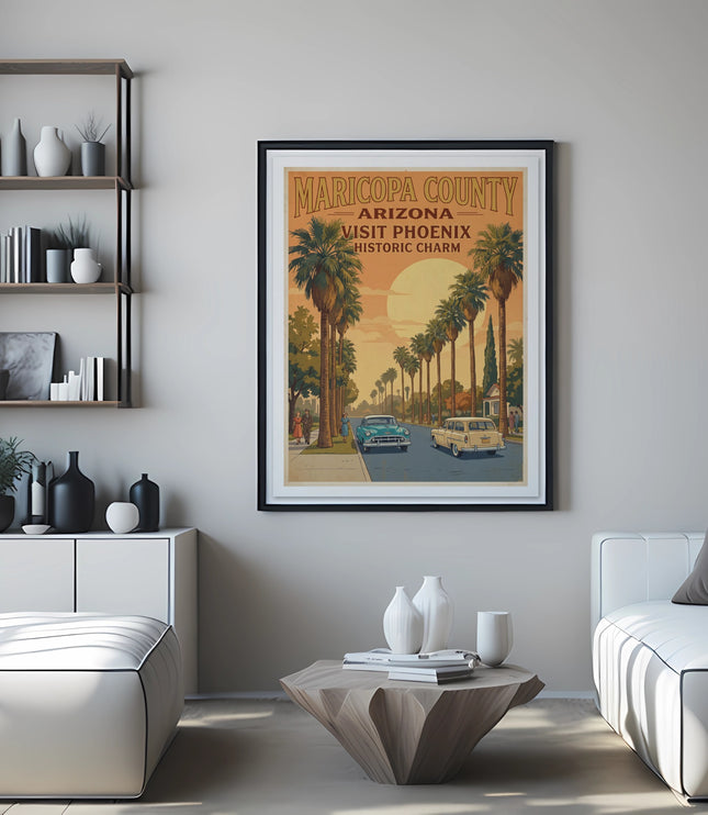Maricopa County Arizona Visit Phoenix Historic Charm framed poster with palm trees.