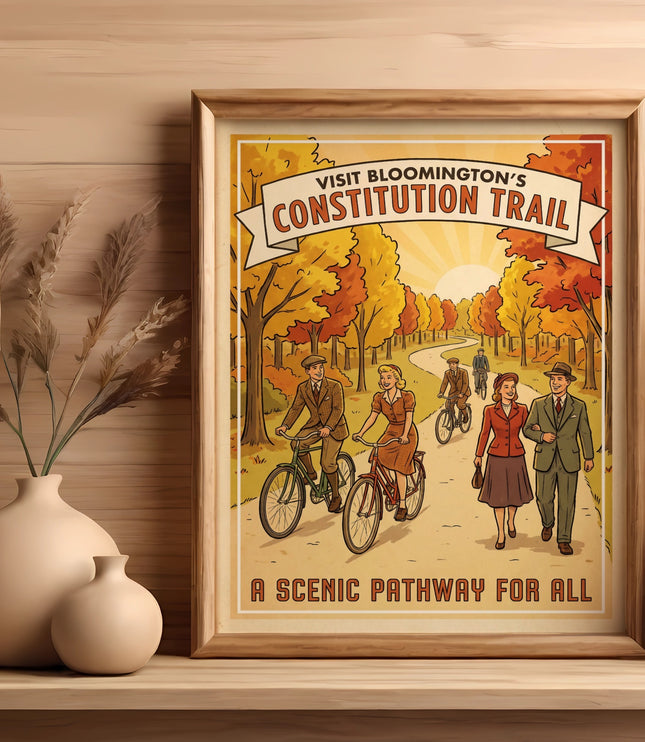 Vintage style poster of Constitution Trail with people cycling and walking in autumn.