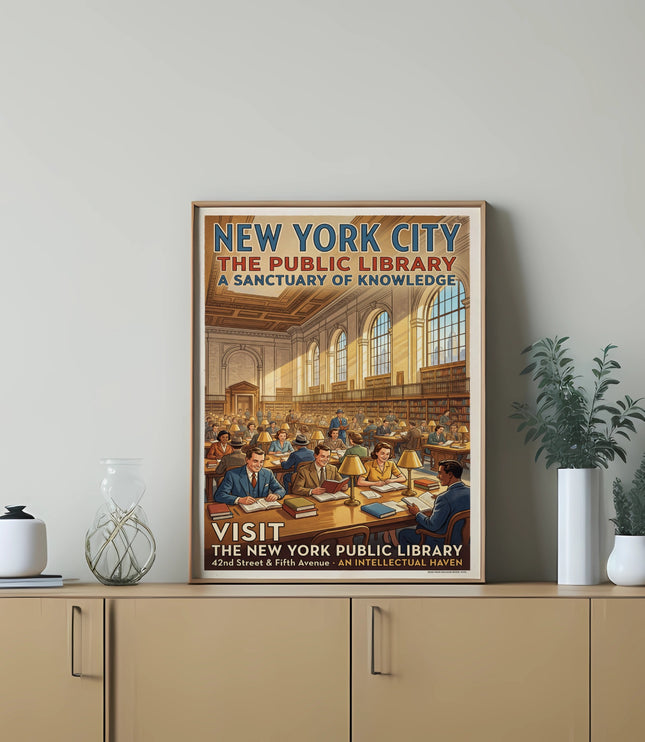 New York City Public Library poster with people reading within its grand interior.