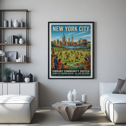 New York City soccer poster depicting a vibrant community match.