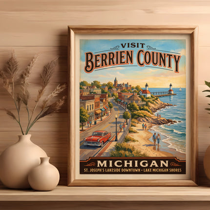 Vintage "Visit Berrien County" poster showing St. Joseph's lakeside downtown and Lake Michigan shores.