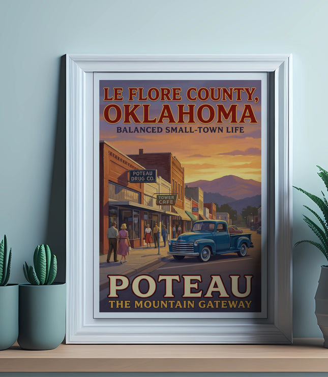 Vintage Le Flore County, Oklahoma poster featuring Poteau and a blue truck.