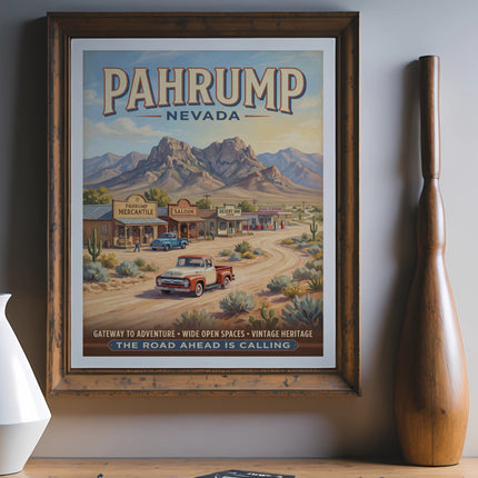 Pahrump, Nevada vintage travel poster with mountains, desert town, and classic truck.