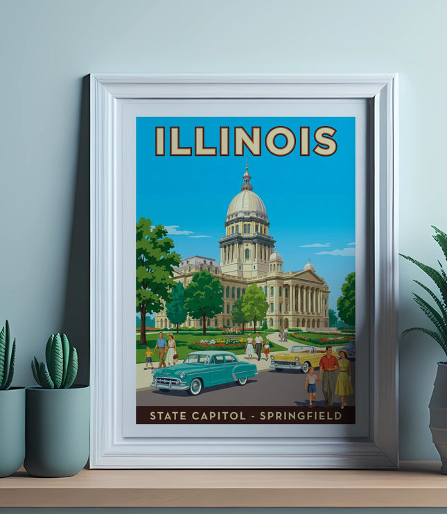 Illinois State Capitol - Springfield vintage travel poster with people and cars.