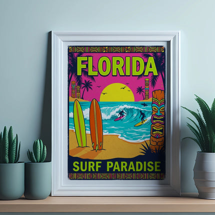 Framed "Florida Surf Paradise" poster with surfers, palm trees, and tiki mask.