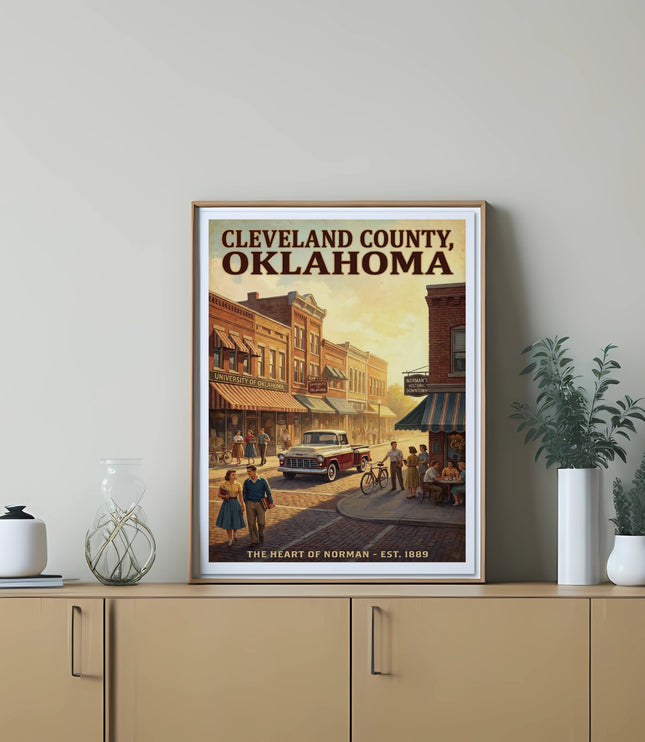 Vintage poster of Cleveland County, Oklahoma with "The Heart of Norman - Est. 1889".
