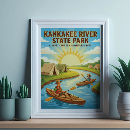 Kankakee River State Park poster with kayakers and tents along the water.