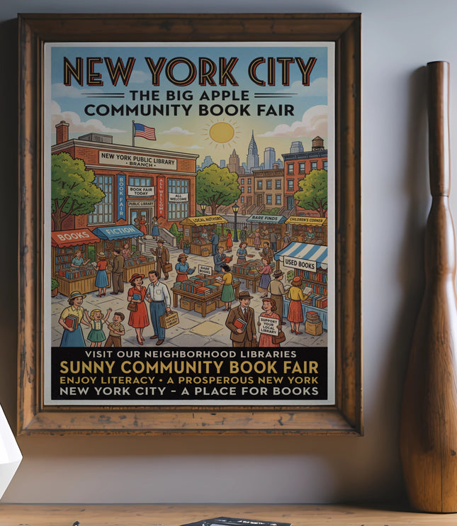 New York City Community Book Fair poster featuring the New York Public Library and city skyline.