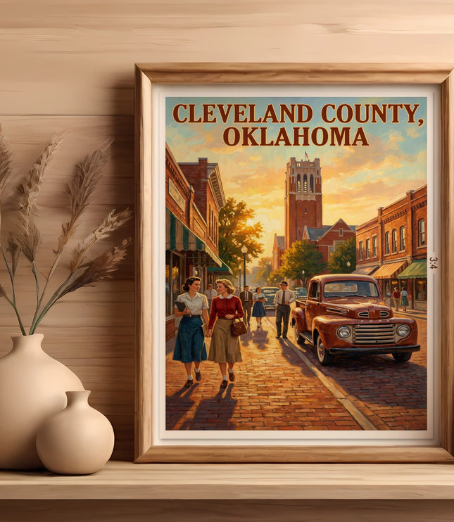 Vintage illustration of Cleveland County, Oklahoma with brick buildings and a classic truck.
