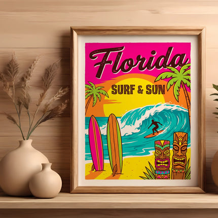 Framed poster of a surfer, palm trees, and tiki masks with text "Florida Surf & Sun".