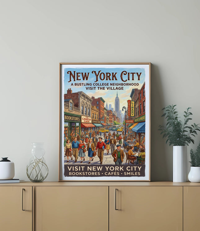 New York City vintage travel poster of a bustling college neighborhood with shops.