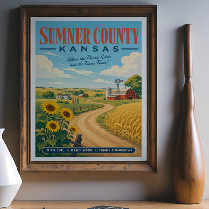 Sumner County Kansas vintage travel poster with farm scene and text.