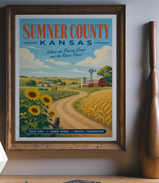 Sumner County Kansas vintage travel poster with farm scene and text.