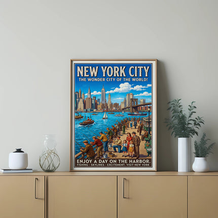 New York City poster depicting harbor scene with skyline and text.