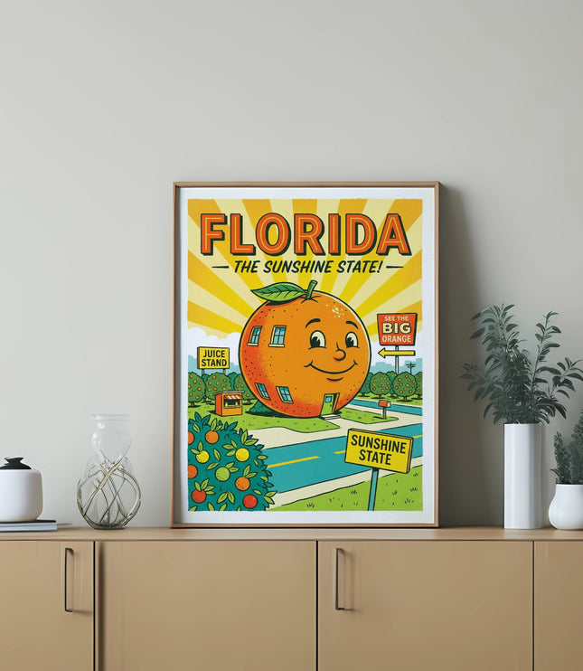 Florida Sunshine State poster featuring a large orange character and juice stand.