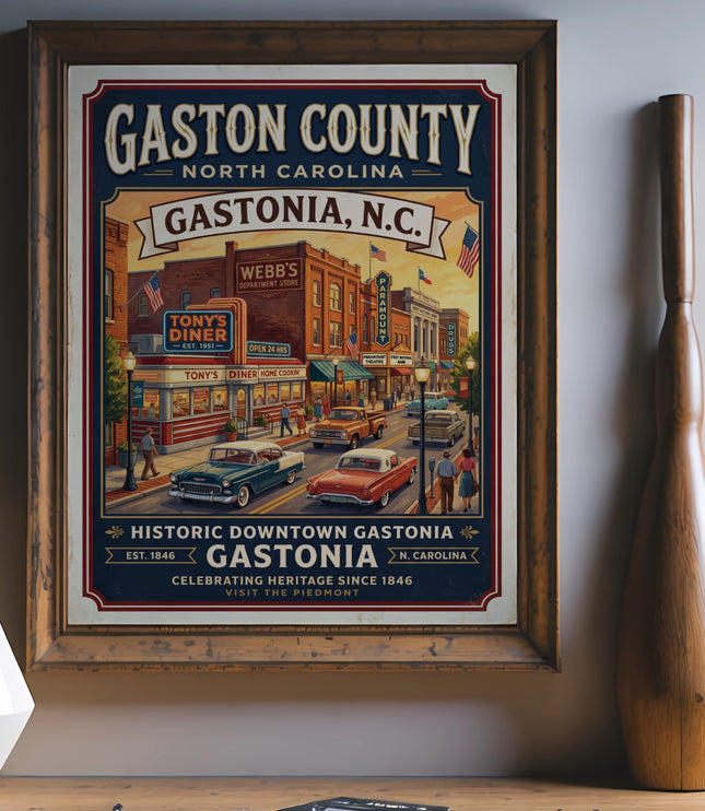 Framed print depicting historic downtown Gastonia, North Carolina with vintage cars and diners.