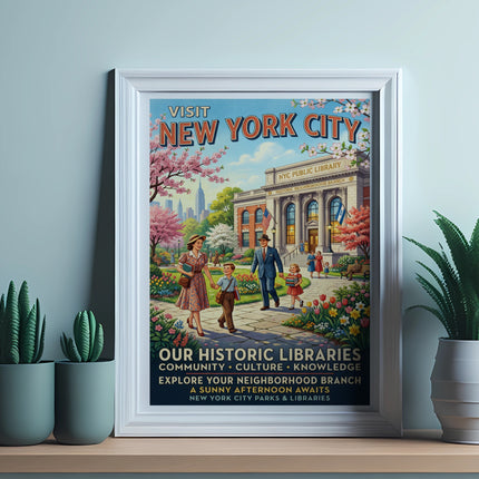 New York City Public Library poster with family, historic building, and text.