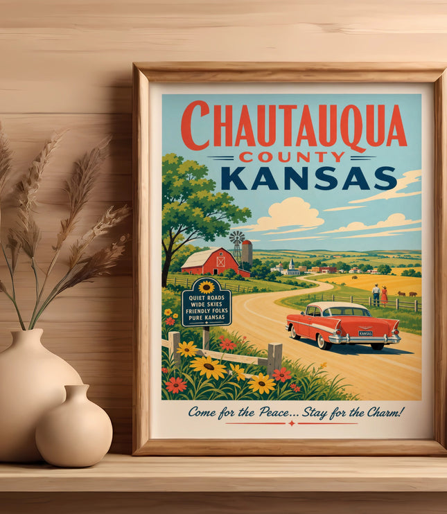 Chautauqua County, Kansas vintage travel poster with red car on country road.