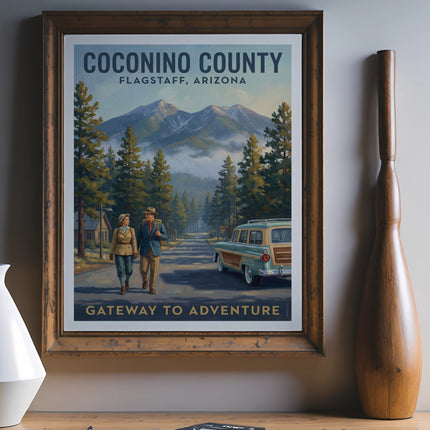 Vintage travel poster with couple, wagon: Coconino County, Flagstaff, Arizona, Gateway to Adventure.