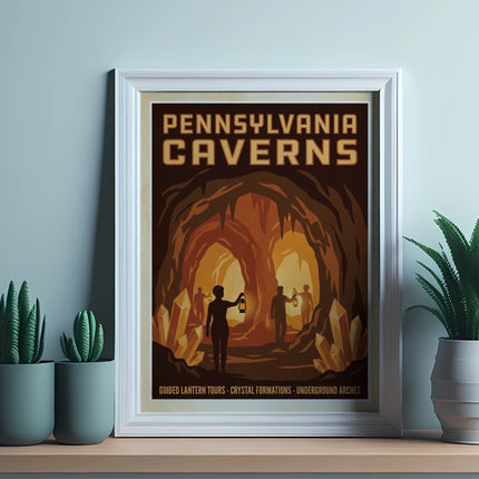 Pennsylvania Caverns poster with guided tours and crystal formations.