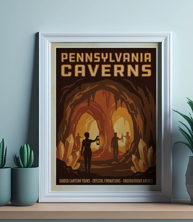 Pennsylvania Caverns poster with guided tours and crystal formations.