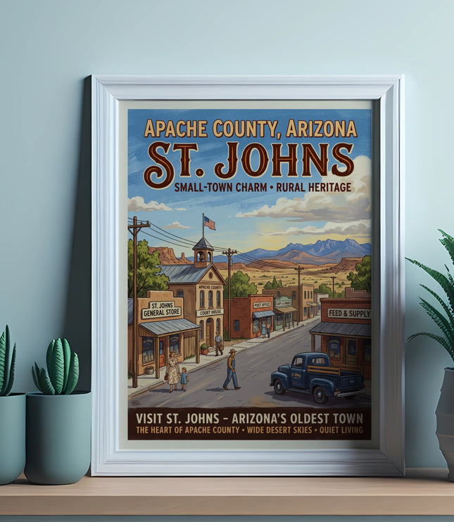 Vintage poster of St. Johns, Arizona, depicting a small town street scene.