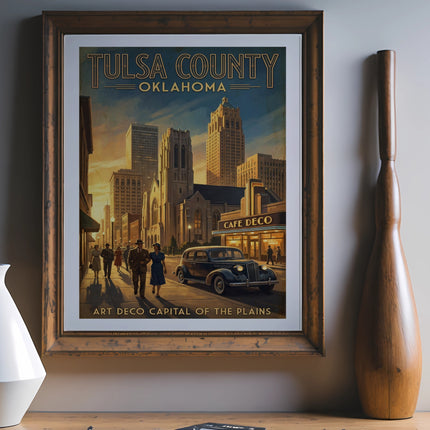 Framed vintage art print showing "Tulsa County Oklahoma" skyline with "Cafe Deco" and "Art Deco Capital of the Plains".
