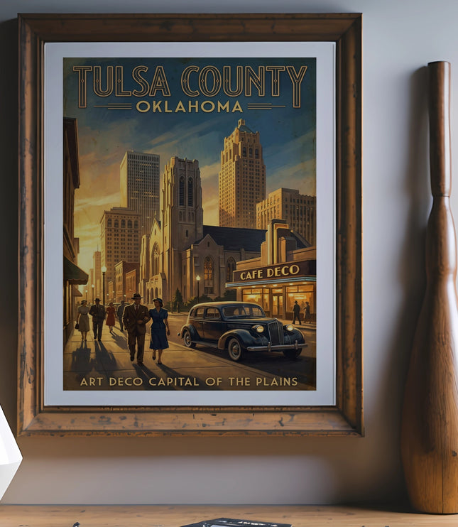 Framed vintage art print showing "Tulsa County Oklahoma" skyline with "Cafe Deco" and "Art Deco Capital of the Plains".