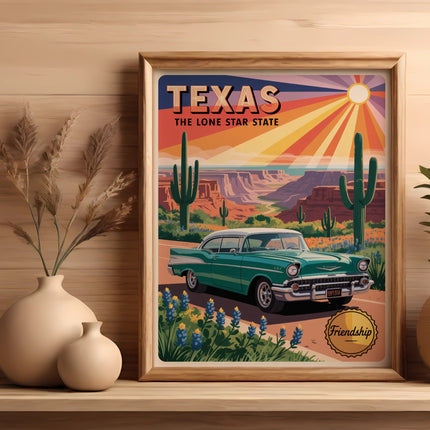 Vintage green car with Texas landscape, sun rays, cacti, and flowers.