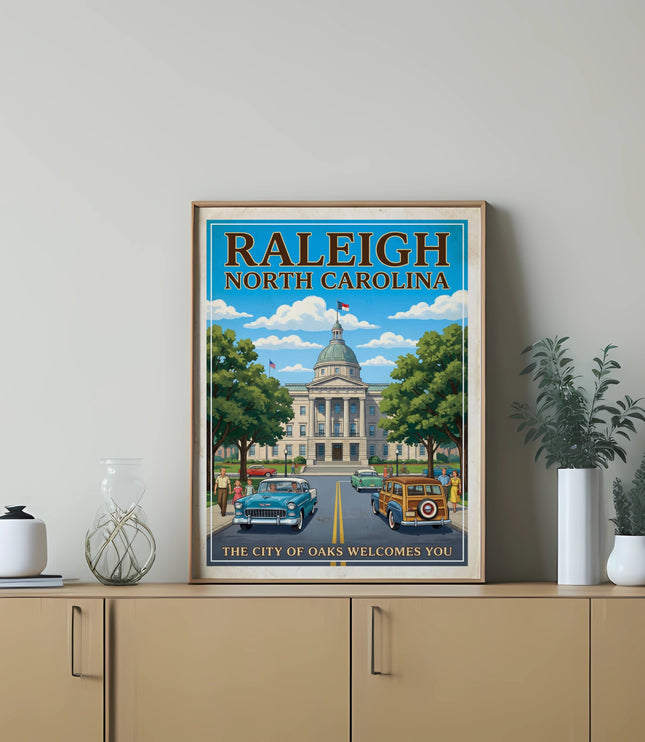 Vintage poster art of the Raleigh, North Carolina Capitol building with cars and text.