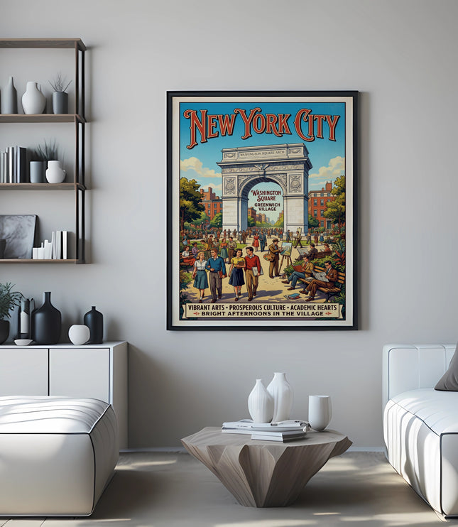 New York City vintage poster featuring Washington Square Arch with text.