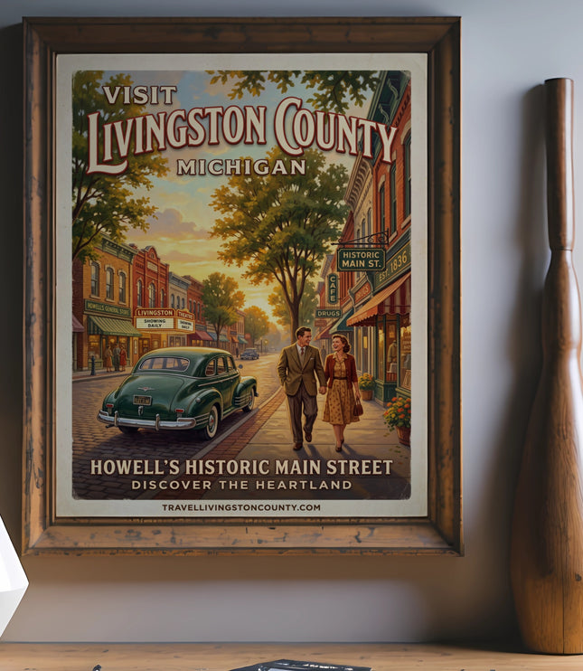 "Visit Livingston County Michigan" poster featuring Howell's Historic Main Street.