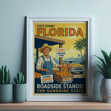 Vintage Florida oranges roadside stand advertisement with text.