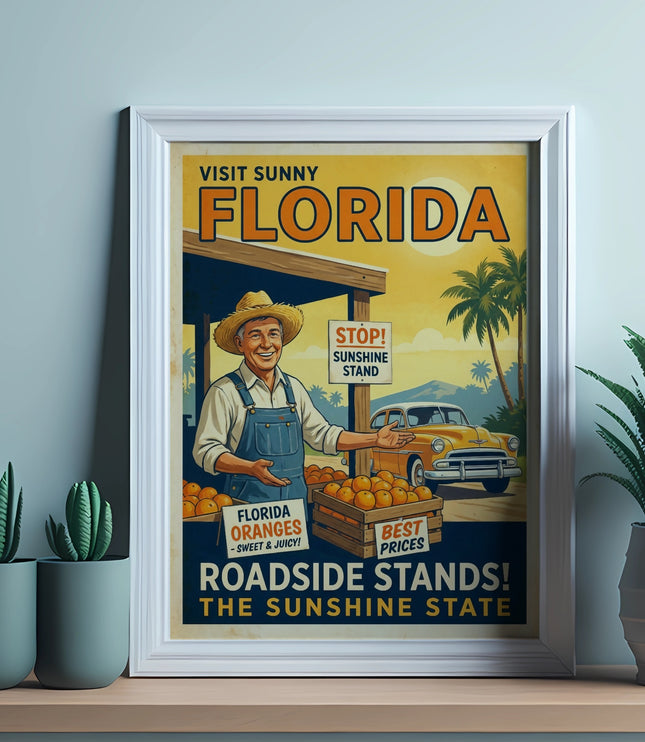 Vintage Florida oranges roadside stand advertisement with text.