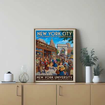 New York City Greenwich Village poster with "Campus Bookstore" and "New York University".