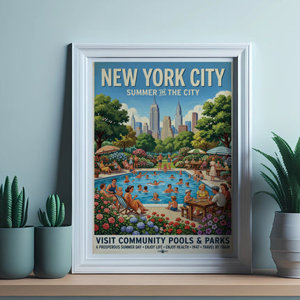 New York City Summer in the City vintage poster showing community pools.
