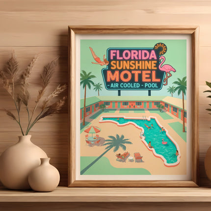 Retro Florida Sunshine Motel sign with pool, palm trees, and neon.