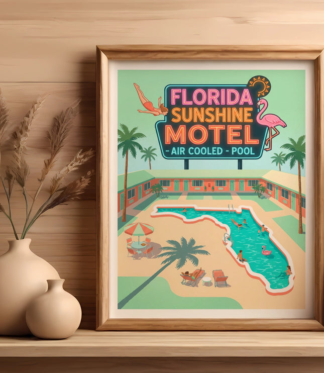 Retro Florida Sunshine Motel sign with pool, palm trees, and neon.