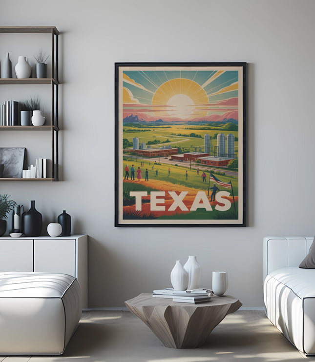 Vintage travel poster with "Texas" text and a sun setting over industrial buildings and landscape.