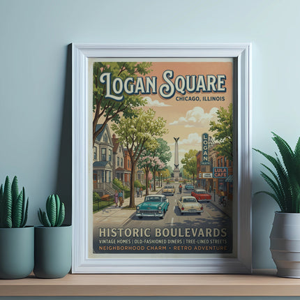 Logan Square Chicago Illinois vintage travel poster with retro cars and buildings.